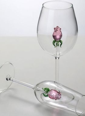 网红创意情人节礼物高档水晶底座玫瑰花高脚红酒杯香槟杯葡萄酒杯