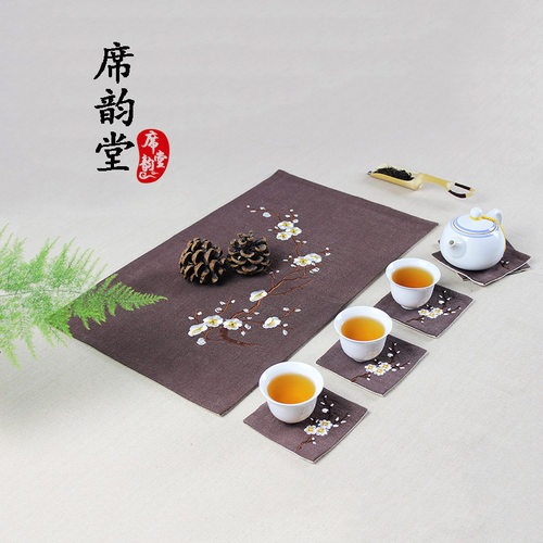 席韵堂茶席手工棉麻布艺刺绣茶席中式禅意梅花茶道香席桌旗包邮 - 图1