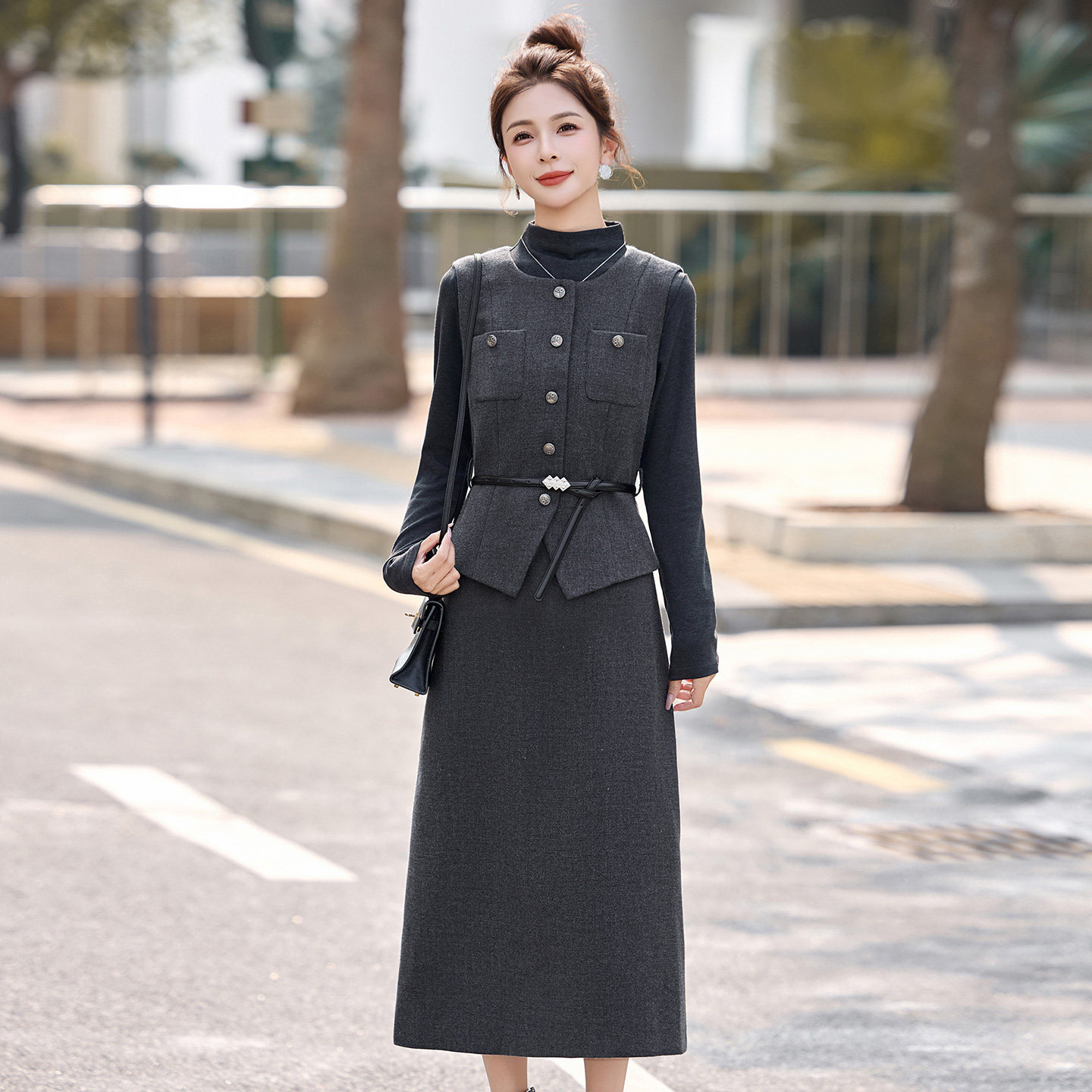 小香风套装女2026春季新款气质半高领打底衫毛呢马甲连衣裙两件套,淘宝优惠券,粉丝福利购,淘宝优惠卷