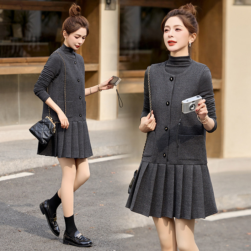 小香风短裙连衣裙长袖叠穿套装女春秋小个子高级感背心裙两件套,淘宝优惠券,粉丝福利购,淘宝优惠卷