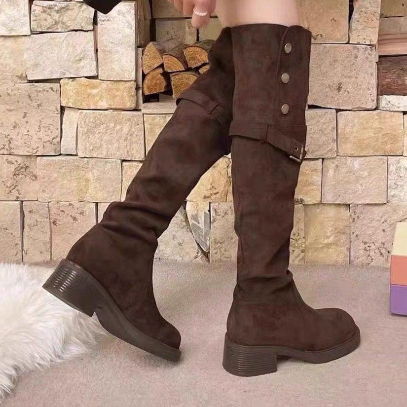 英伦风粗跟皮带扣过膝长靴女2025秋冬加绒百搭瘦瘦靴高筒靴,淘宝优惠券,粉丝福利购,淘宝优惠卷
