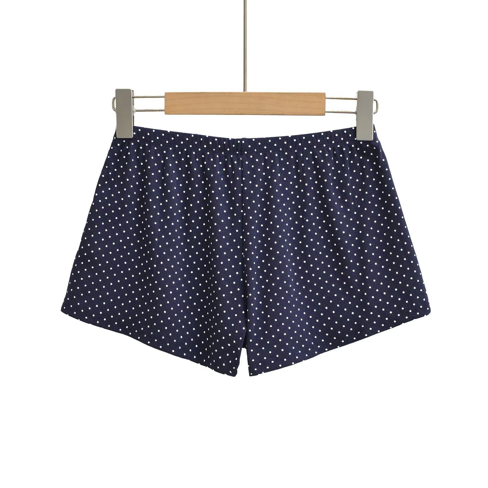 美式显瘦藏蓝色波点低腰短裤女夏季新款百搭松紧腰休闲居家裤热裤,淘宝优惠券,粉丝福利购,淘宝优惠卷