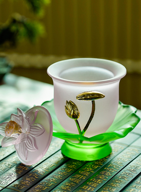 琉璃描金荷叶莲花供水杯桌面摆件
