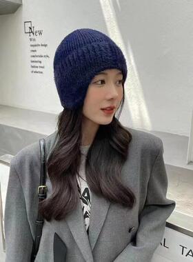 新款帽子女冬季厚毛线帽时尚耳包护耳毛边条纹针织包头帽显脸小
