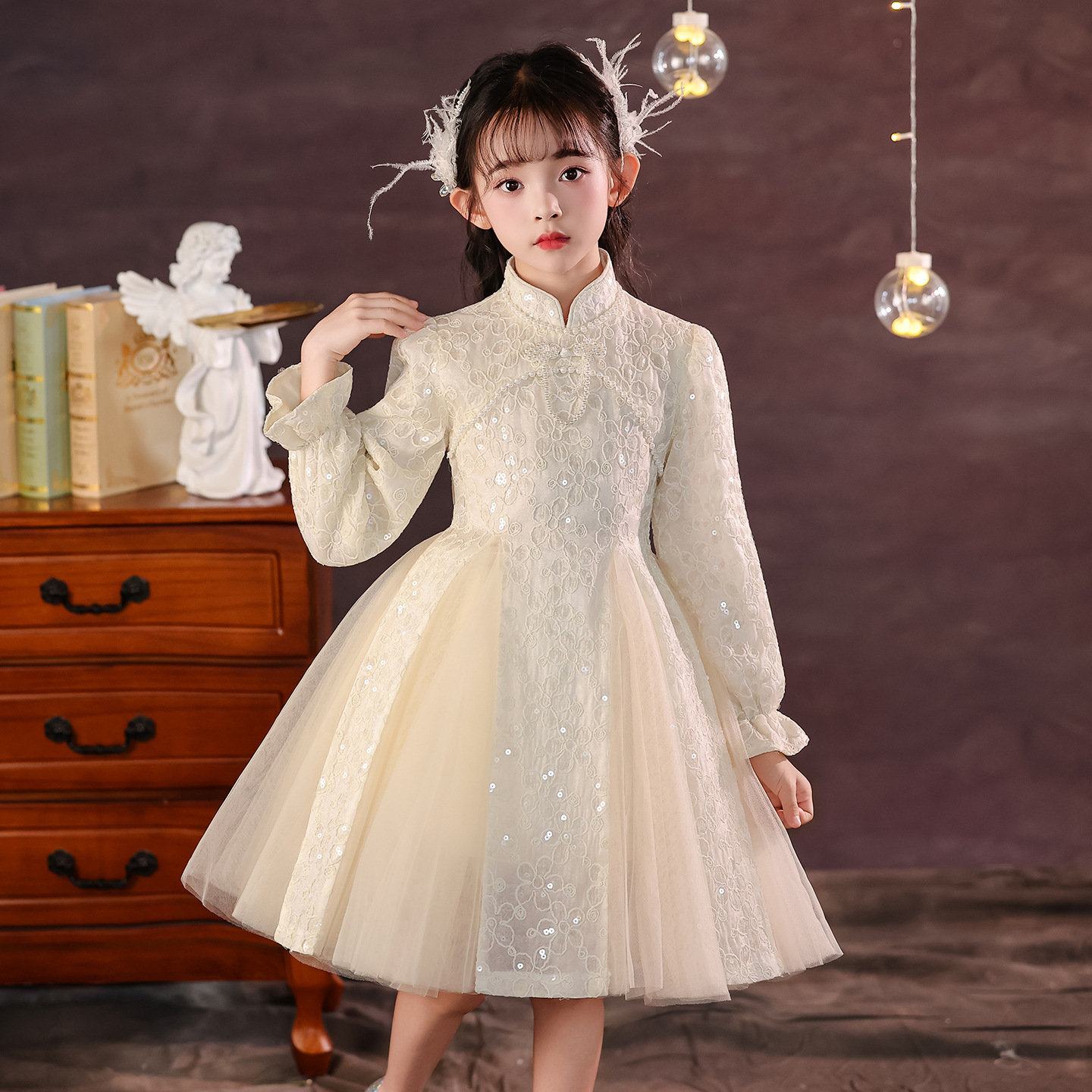 女童旗袍连衣裙春秋季2025新款儿童洋气新中式演出服中国风公主裙 - 图1