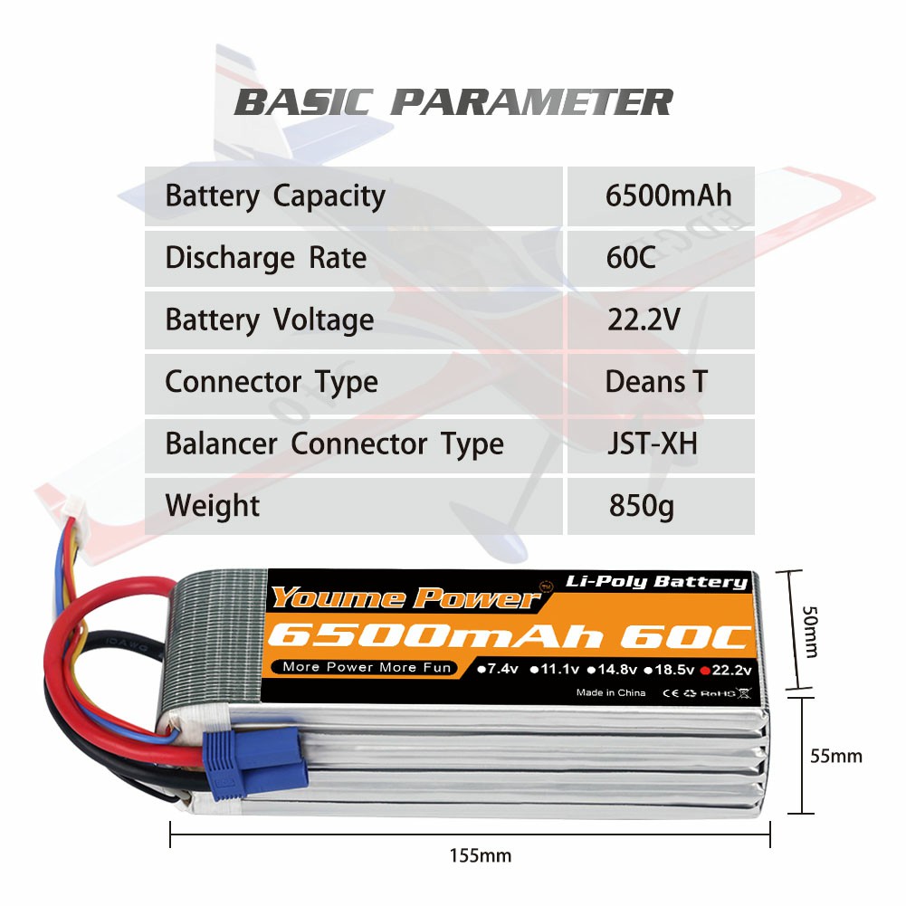 新品Youme航模电池6500mah2s3s4s6s7.4v11.1v14.8v22.2v四轴多轴-图1