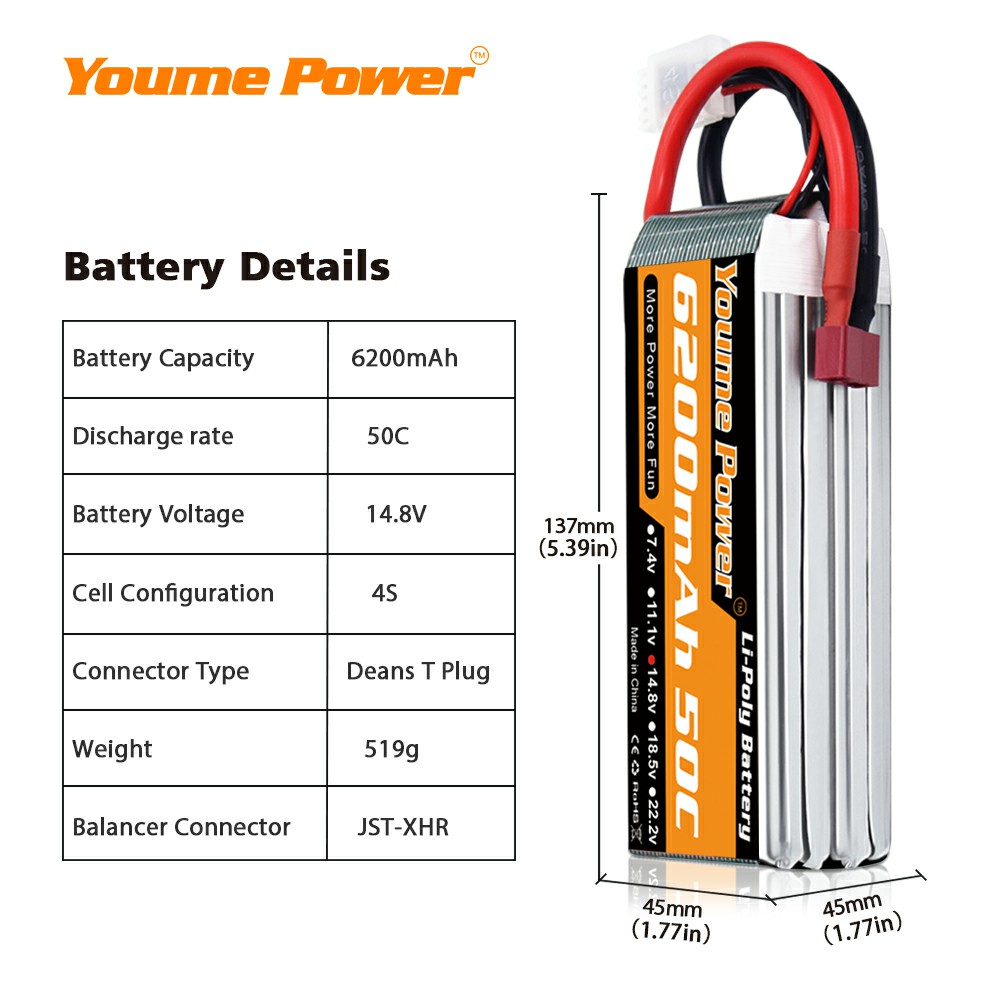 新品Youme航模电池6200mah7.4v11.1v14.8v22.2v遥控飞机T插xt60头 - 图0