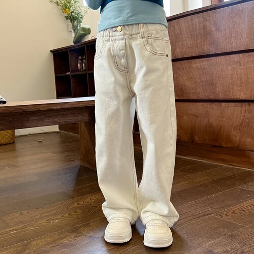 童装女童牛仔裤中大童2026春季上新白色休闲直筒裤宽松显瘦百搭潮 - 图0