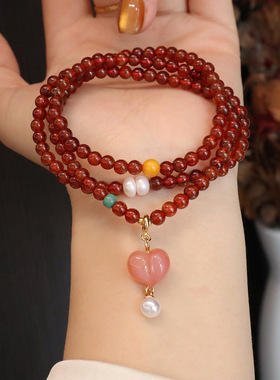 天然三圈橙石榴石手串女款多圈水晶手链礼物轻奢小众简约百搭手饰