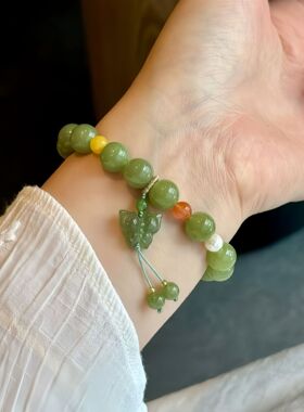 新中式和田玉青黄口手串天然玉石蝴蝶吊坠DIY设计款女款显白手链