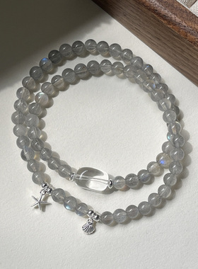 s925纯银海星贝壳水晶月光石双层手链女新中式设计串珠双圈手串