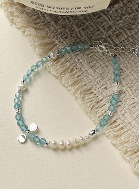 S925纯银天然珍珠水晶圆片手链女简约新中式设计百搭串珠小巧手串