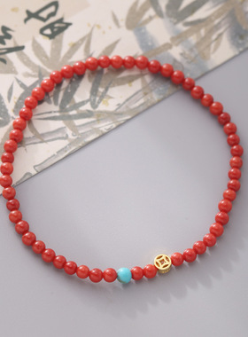 国风新款925纯银染色珊瑚钱币手链女新中式设计弹力绳款串珠手串