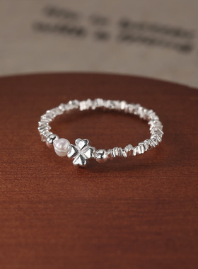 通体s925纯银爱心四叶草碎银子珍珠戒指女简约手工设计甜美指环