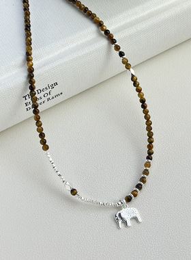 新款s925纯银碎银子大象虎眼石项链女简约民族风设计串珠锁骨链