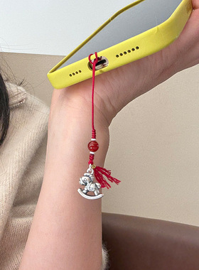 999足银小马红玛瑙手机链包包挂件手工编织设计个性配饰挂饰礼物