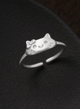999足银蝴蝶结猫咪戒指女简约哑光工艺可爱甜美气质开口指环戒子