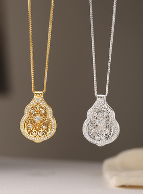 s925纯银唐草纹葫芦镶钻随身佛项链女新中式复古福禄设计锁骨链