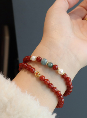 新款天然南红玛瑙手串虎眼石蓝水翡翠手链女生轻奢高级感双圈手饰