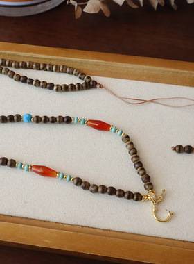 天然新中式高品质沉香木项链毛衣链女长款万能扣链串珠玛瑙项链