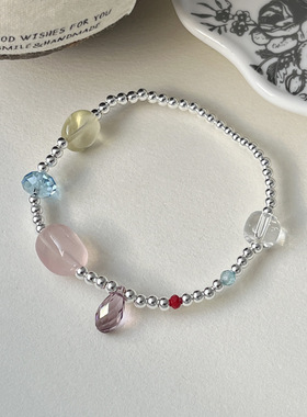 韩版s925纯银彩色水晶圆珠手链女简约新中式设计百搭个性串珠手饰