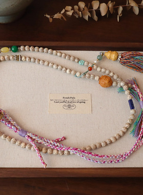 新中式国风斜挎链天然星月菩提绿檀木佛珠流苏项链毛衣链旗袍配饰