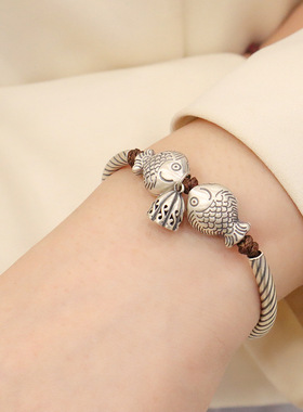 新中式天然和田玉纯银单圈手链亲嘴鱼平安扣老蜜蜡吊坠手饰品礼物