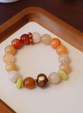 新款12MM大珠天然新疆金丝玉手链女甜美民族风圆珠吊猫爪檀木手串