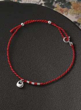 s925纯银银坨子红绳手链女简约新中式设计长短自由调节手绳手饰