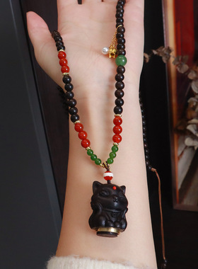 新中式沉香木项链祥云吊坠凤九高级感毛衣链和田玉秋冬项饰礼物女