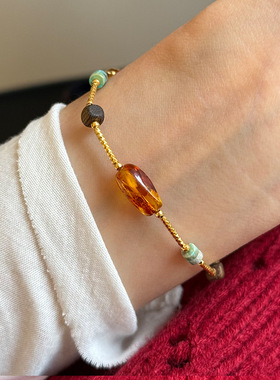 s925纯银不规则花珀串珠手链女简约小众手工设计波光粼粼精致手串