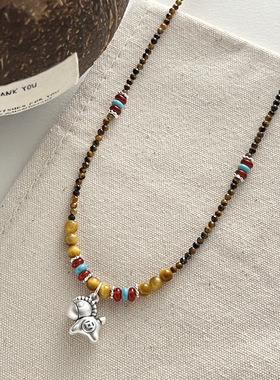 s925纯银马上有钱虎眼石项链女简约手工设计百搭串珠民族风锁骨链