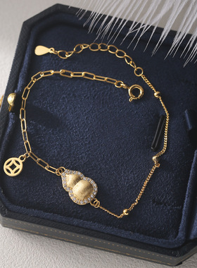 s925纯银镶钻葫芦钱币手链女简约新中式福禄设计轻奢精致银手饰