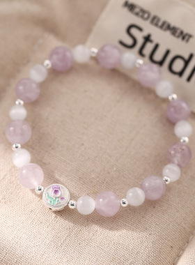 新款s925纯银郁金香猫眼石紫晶圆珠手链女简约新中式设计串珠手串