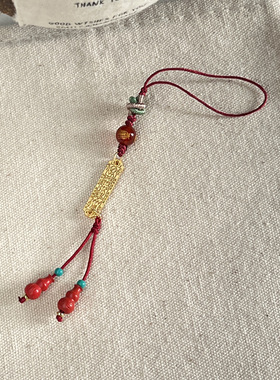 s925纯银太岁牌葫芦红绳手机链包包挂件手工设计百搭个性配饰礼物