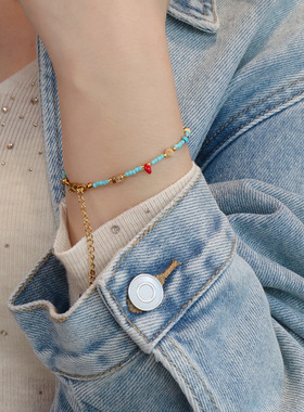 复古风图画石捷克珠串珠项链镀金保色太阳花民族风钛钢锁骨链手链