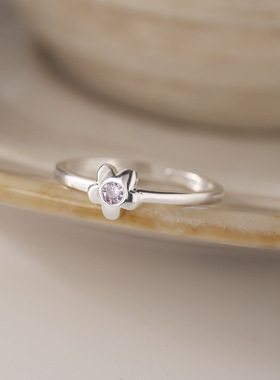 通体s925纯银花朵锆石戒指女简约小众设计甜美小清新开口指环戒子