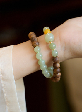 新款沉香手串女天然和田玉串珠双圈手链新中式好运珠盘玩手链礼物