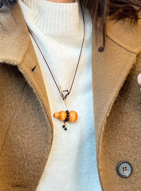 s925纯银枫木滴油葫芦黑玛瑙项链女简约新中式福禄设计长款毛衣链