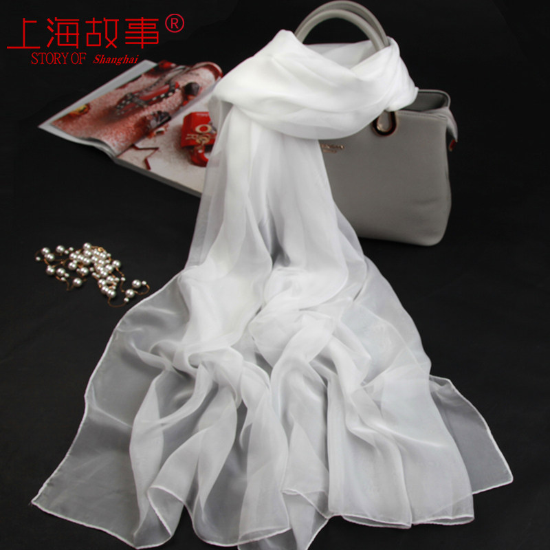 上海故事白色长条春秋长仿雪纺丝巾 轻罗服饰配件围巾/丝巾/披肩