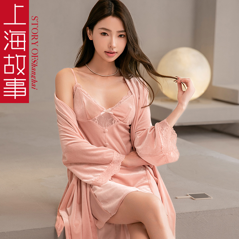 金丝绒性感睡衣夏冬季女春秋季2023新款蕾丝吊带纯色睡裙睡袍套装 - 图0