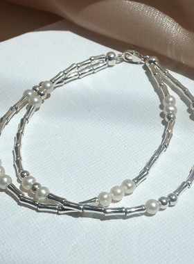 纯银5A珍珠复古双层手链摩斯密码