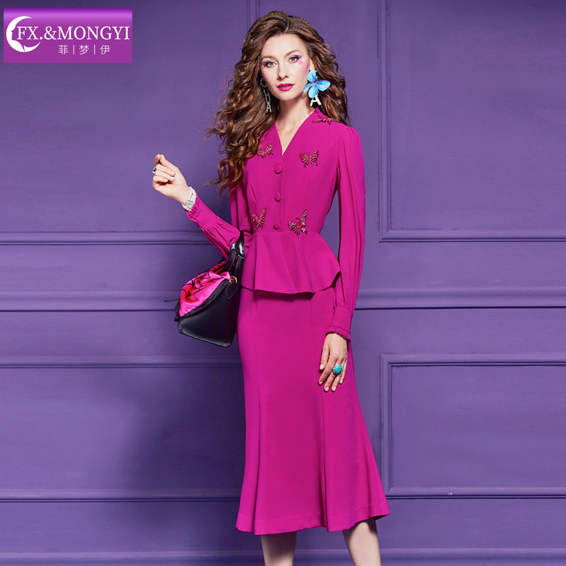 菲梦伊原创钉珠荷叶边连衣裙女长袖秋季轻熟高端收腰V领职业裙子