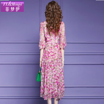 Feimengyi crepe de chine silk floral dress women's summer French high-end mulberry silk high-waist beaded holiday long dress