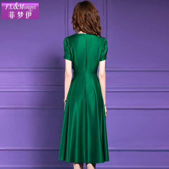 菲梦伊绿色花朵连衣裙女短袖夏季御姐轻熟设计感收腰V领A字大摆裙