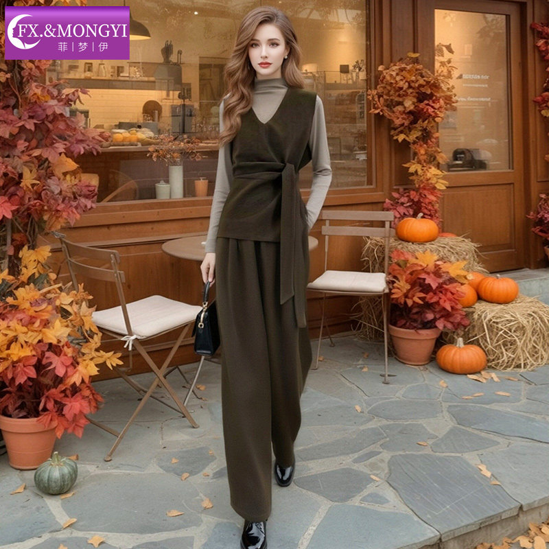 菲梦伊高级设计感时尚套装女春季褶皱系带V领马甲上衣宽松阔腿裤,淘宝优惠券,粉丝福利购,淘宝优惠卷