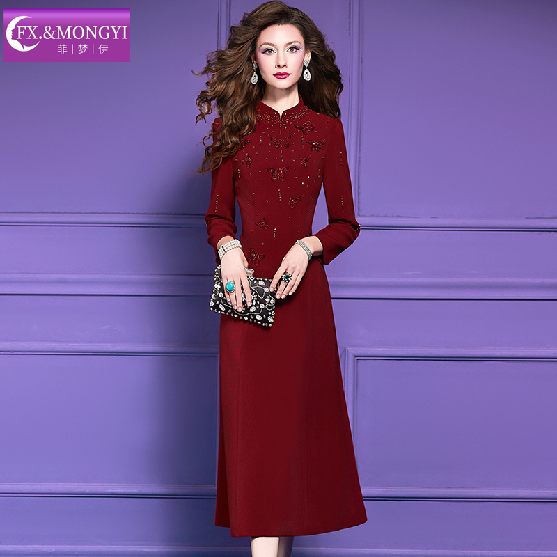 菲梦伊原创钉珠绣花红色连衣裙女秋装新中式立领修身结婚宴会礼服 - 图0