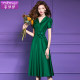 菲梦伊绿色花朵连衣裙女短袖夏季御姐轻熟设计感收腰V领A字大摆裙
