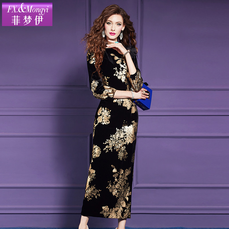 菲梦伊印花黑色金丝绒连衣裙女秋季阔太太高贵优雅气质长裙子礼服,淘宝优惠券,粉丝福利购,淘宝优惠卷