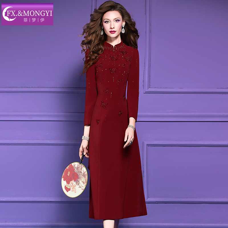 菲梦伊原创钉珠绣花红色连衣裙女秋装新中式立领修身结婚宴会礼服 - 图3